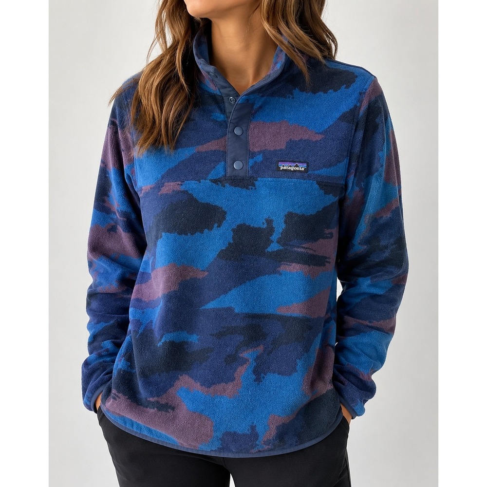 Patagonia Micro D Snap-T Pullover Women M Blue Camo Fleece‎ Sweater Hiking